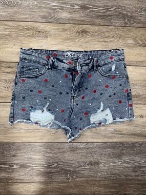 Gray Distressed Star Print Denim Shorts - Red & White Stars